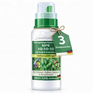 Flüssigdünger Konzentrat NPK 10-10-10 mit Kelp & Eisenchelat – Universaldünger für Zimmer-, Balkon-, Garten- & Nutzpflanzen, 500 ml (125 L Gießwasser)