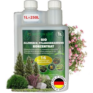 BIO Flüssigdünger Konzentrat für Garten und Zimmerpflanzen, Universaldünger mit 16 natürlichen Inhaltsstoffen, 1L Konzentrat ergibt 250L Gießwasser