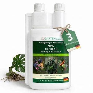 Garten Lux Flüssigdünger Konzentrat NPK 10-10-10 mit Kelp & Eisenchelat – Universaldünger für Zimmer-, Balkon-, Garten- & Nutzpflanzen, 1 Liter (250 L Gießwasser)